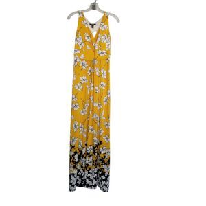 Chaps Maxi Dress Sleeveless Floral Yellow Blue Flowy Small Beach Resortwear